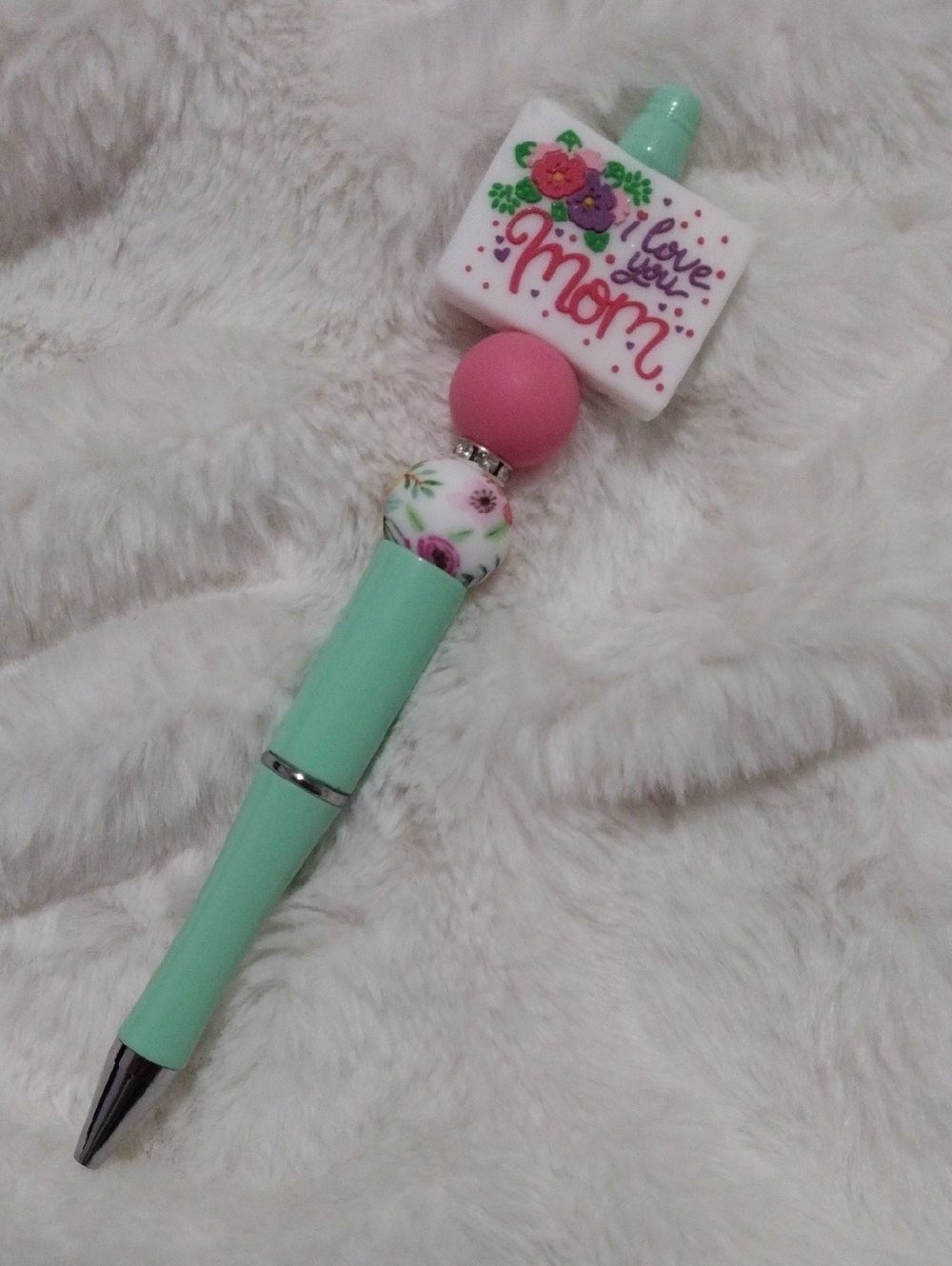 Mint Floral 'I Love You Mom' Pen with Pink Accent